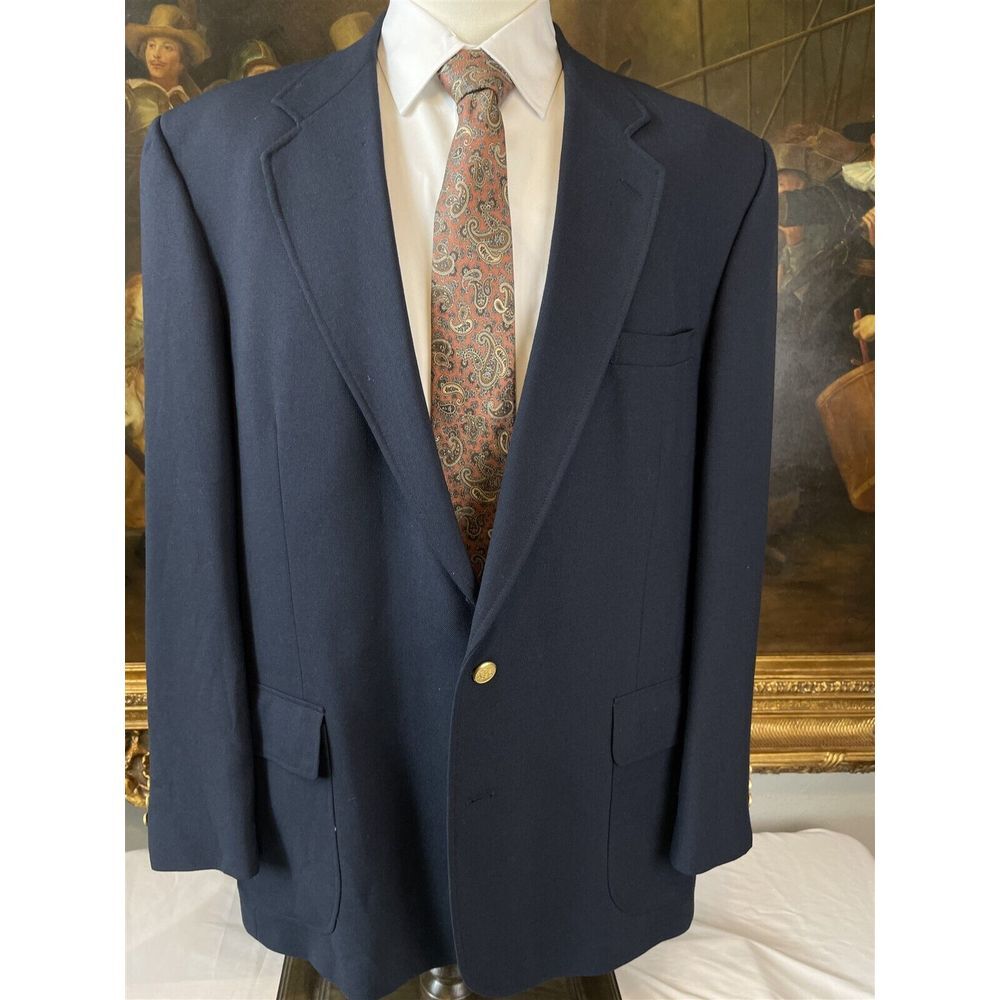 VTG Stanley‎ Blacker 46L Navy Blue Hopsack Wool Brass Crest Button Blazer Jacket